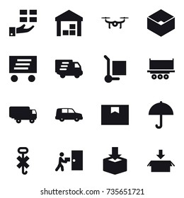 16 vector icon set : gift, warehouse, drone, box, delivery, cargo stoller, package