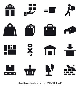 16 vector icon set : gift, delivery, courier, shopping bag, warehouse, construct garbage