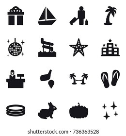 16 vector icon set : gift, boat, passenger, palm, disco ball, aquapark, starfish, hotel, reception, golf, palm hammock, flip-flops, inflatable pool, rabbit, pumpkin, shining