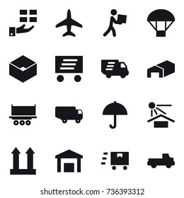 16 vector icon set : gift, plane, courier, parachute, box, delivery, warehouse, pickup