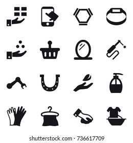 16 vector icon set : gift, touch, hex molecule, smart bracelet, chamical industry, mirror, horseshoe, hand leaf, liquid soap, gloves, hanger, wiping, handle washing