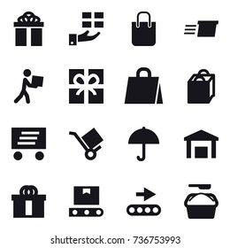 16 vector icon set : gift, shopping bag, delivery, courier, washing powder