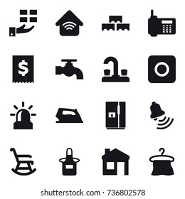 16 vector icon set : gift, wireless home, block wall, water tap, ring button, alarm, iron, fridge, bell, rocking chair, apron, house, hanger