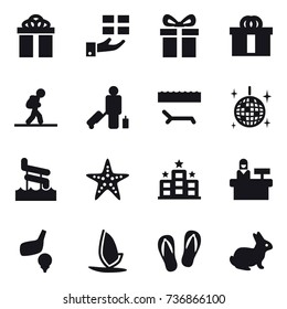 16 vector icon set : gift, tourist, passenger, lounger, disco ball, aquapark, starfish, hotel, reception, golf, windsurfing, flip-flops, rabbit