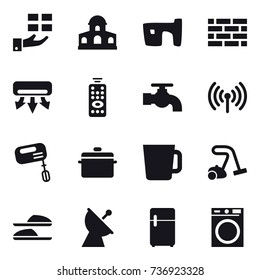 16 vector icon set : gift, mansion, slum, brick wall, air conditioning, remote control, water tap, wireless, mixer, pan, cup, vacuum cleaner, slippers, satellite antenna, washing machine