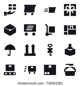 16 vector icon set : gift, delivery, box, cargo stoller, package, washing powder