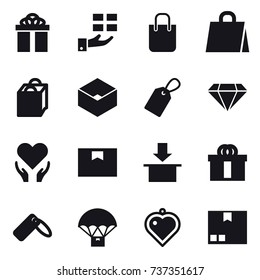 16 vector icon set : gift, shopping bag, box, label, diamond, heart pendant, package