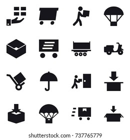 16 vector icon set : gift, delivery, courier, parachute, box, package