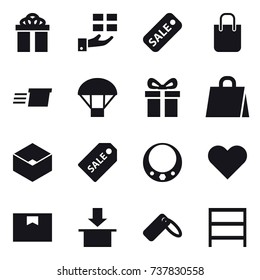 16 vector icon set : gift, sale, shopping bag, delivery, parachute, box, sale label, necklace, rack
