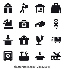 16 vector icon set : gift, courier, warehouse, shopping bag, cashbox, safe, repair tools, package, construct garbage
