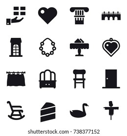 16 vector icon set : gift, heart, column, bridge, building, hawaiian wreath, restaurant, heart pendant, curtain, dresser, chair, door, rocking chair, goose, scarecrow