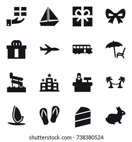 16 vector icon set : gift, boat, bow, plane, bus, lounger, aquapark, hotel, reception, palm hammock, windsurfing, flip-flops, rabbit
