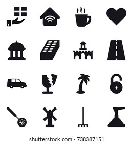 16 vector icon set : gift, wireless home, hot drink, goverment house, brick, fort, palm, skimmer, windmill, rake, plunger