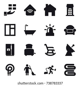 16 vector icon set : gift, wireless home, home, building, window, bath, alarm, armchair, fridge, toaster, rocking chair, satellite antenna, brooming, vacuum cleaner, stack of towels
