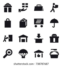 16 vector icon set : gift, shopping bag, courier, delivery, warehouse, washing powder
