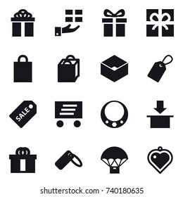 16 vector icon set : gift, shopping bag, box, label, sale label, delivery, necklace, heart pendant