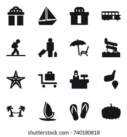 16 vector icon set : gift, boat, bus, tourist, passenger, lounger, aquapark, starfish, baggage trolley, reception, golf, palm hammock, windsurfing, flip-flops, pumpkin