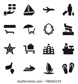 16 vector icon set : gift, boat, plane, passenger, lounger, hawaiian wreath, aquapark, starfish, baggage trolley, hotel, reception, golf, jet ski, windsurfing, flip-flops