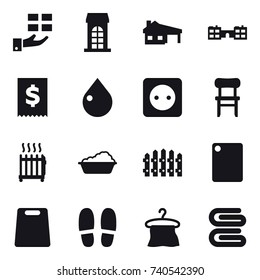 16 vector icon set : gift, building, house with garage, school, drop, power socket, chair, radiator, washing, fence, cutting board, slippers, hanger, stack of towels
