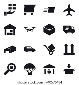 16 vector icon set : gift, delivery, plane, warehouse, drone, box, package