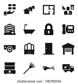 16 vector icon set : gift, houses, plan, architector, bath, locked, intercome, surveillance camera, dresser, door, garage, rake, blower, home call cleaning