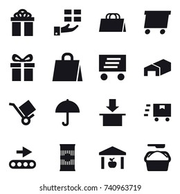 16 vector icon set : gift, shopping bag, delivery, warehouse, washing powder