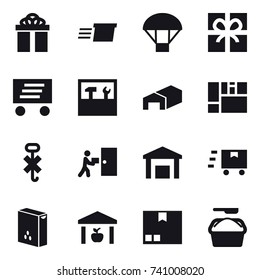 16 vector icon set : gift, delivery, parachute, tools, warehouse, package, washing powder