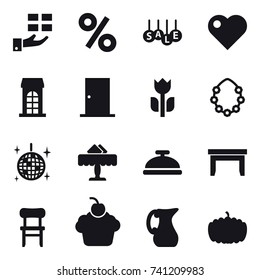 16 vector icon set : gift, percent, sale, heart, building, door, hawaiian wreath, disco ball, restaurant, service bell, table, chair, jug, pumpkin