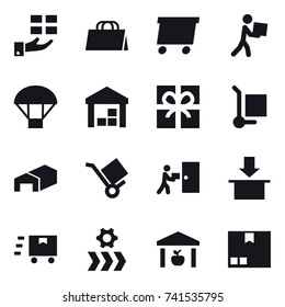 16 vector icon set : gift, shopping bag, delivery, courier, parachute, warehouse, cargo stoller, package