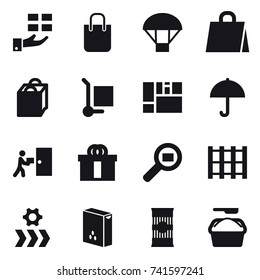 16 vector icon set : gift, shopping bag, parachute, cargo stoller, washing powder