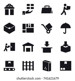 16 vector icon set : gift, shopping bag, courier, box, package