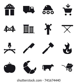 16 vector icon set : gift, truck, lunar rover, add to cart, bridge, district, windmill, iron board, chef knife, meat hammer, cow, wheelbarrow