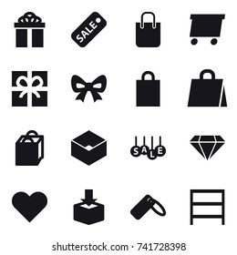 16 vector icon set : gift, sale, shopping bag, delivery, bow, box, diamond, rack