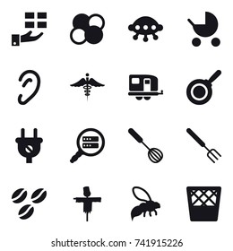 16 vector icon set : gift, atom core, ufo, baby stroller, trailer, pan, whisk, big fork, coffee seeds, scarecrow, wasp, trash bin