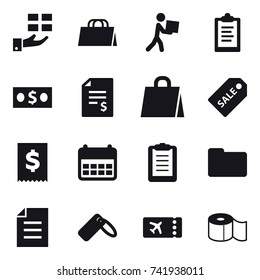 16 vector icon set : gift, shopping bag, courier, clipboard, money, account balance, sale label, ticket, toilet paper
