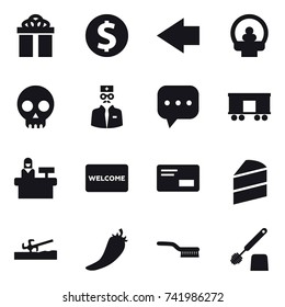 16 vector icon set : gift, dollar coin, left arrow, reception, welcome mat, soil cutter, hot pepper, brush, toilet brush