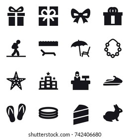 16 vector icon set : gift, bow, tourist, lounger, hawaiian wreath, starfish, hotel, reception, jet ski, flip-flops, inflatable pool, rabbit