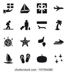 16 vector icon set : gift, boat, plane, tourist, passenger, lounger, palm, disco ball, starfish, golf, jet ski, windsurfing, flip-flops, pumpkin, shining