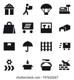 16 vector icon set : gift, courier, parachute, cashbox, shopping bag, delivery, tools, warehouse, package, washing powder, construct garbage