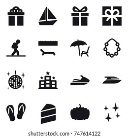 16 vector icon set : gift, boat, tourist, lounger, hawaiian wreath, disco ball, hotel, jet ski, yacht, flip-flops, pumpkin, shining