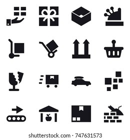 16 vector icon set : gift, box, cashbox, cargo stoller, car baggage, warehouse, package, construct garbage