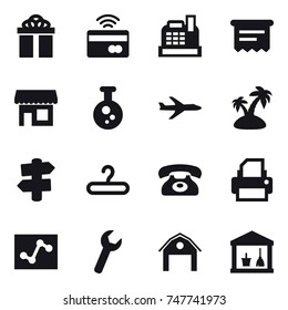 16 vector icon set : gift, tap to pay, cashbox, atm receipt, shop, plane, island, signpost, hanger, phone, barn, utility room