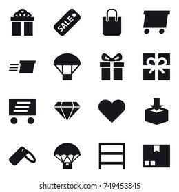 16 vector icon set : gift, sale, shopping bag, delivery, parachute, diamond, rack, package