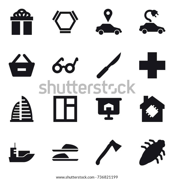 16 vector icon set : gift, hex\
molecule, car pointer, electric car, remove from basket,\
skyscraper, window, presentation, smart house, slippers, axe,\
bug