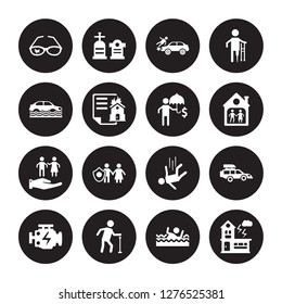 16 vector icon set : Glasses insurance, Drown, Elderly, Engine problems, Excessive weight for the vehicle, Disaster, Flood risk, Family Care, Finances isolated on black background