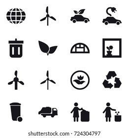16 vector icon set : globe, windmill, eco car, electric car, bin, greenhouse, flower in window, ecology, recycling, trash bin, trash truck, garbage bin