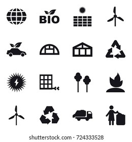 16 vector icon set : globe, bio, sun power, windmill, eco car, greenhouse, greenhouse, trees, sprouting, windmill, recycling, trash truck, garbage bin