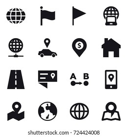16 vector icon set : globe, flag, notebook globe, globe connect, car pointer, dollar pin, home, earth, map