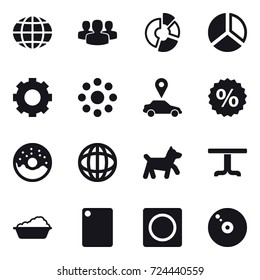 16 vector icon set : globe, group, circle diagram, diagram, gear, round around, car pointer, percent, donut, dog, table, washing, cutting board, ring button
