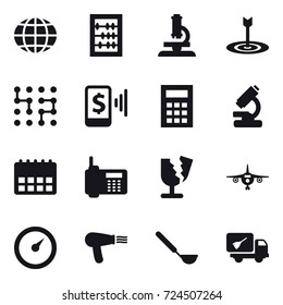 16 vector icon set : globe, abacus, microscope, target, chip, mobile pay, calculator, plane, barometer, hair dryer, ladle, home call cleaning